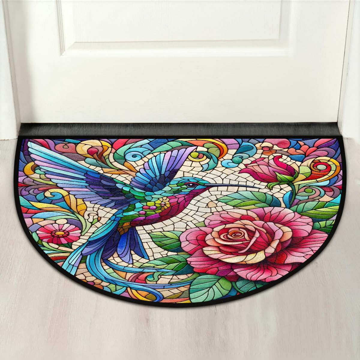 Half Round Doormat Hummingbird Non Slip Semi Circle Area Rug Runner Mat (B 07)