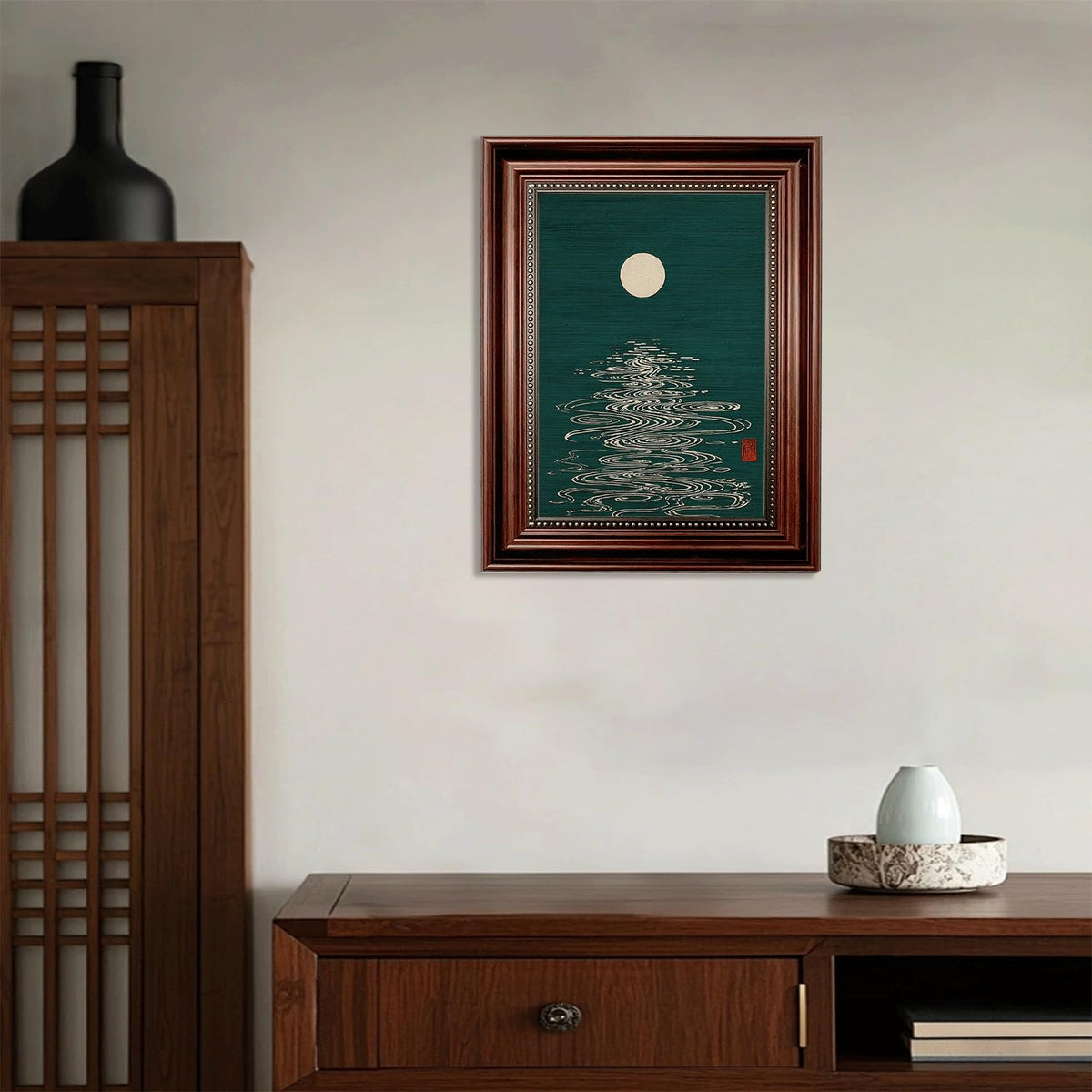 Dark Brown Framed Japanese Moon Canvas Wall Art 12x16 in (Japanese Moon / 16"L x 12"W)
