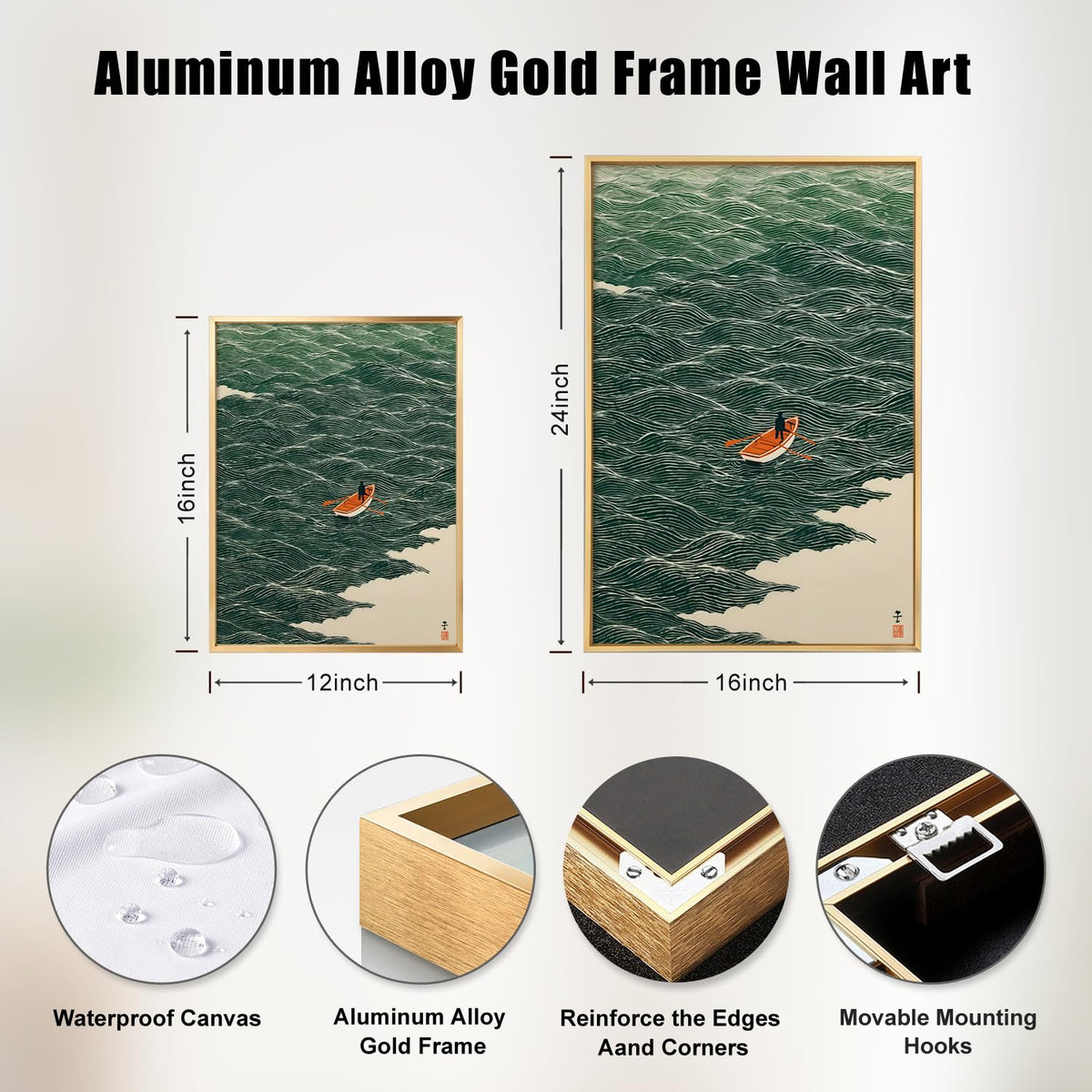 Gold Aluminum Alloy Framed Japanese Green Waves Canvas Wall Art 16X24in (Japanese Waves / 24"L x 16"W)