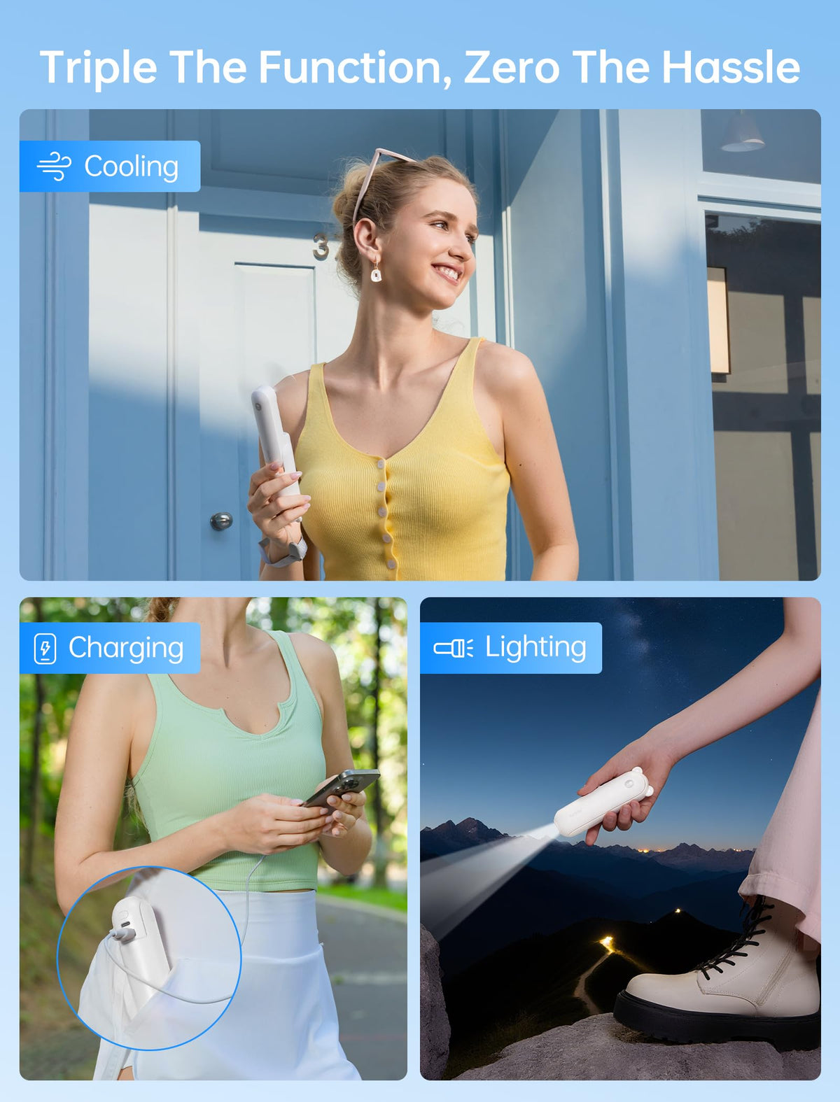 3 IN 1 Portable Fan with Power Bank & Flashlight Featured (White)
