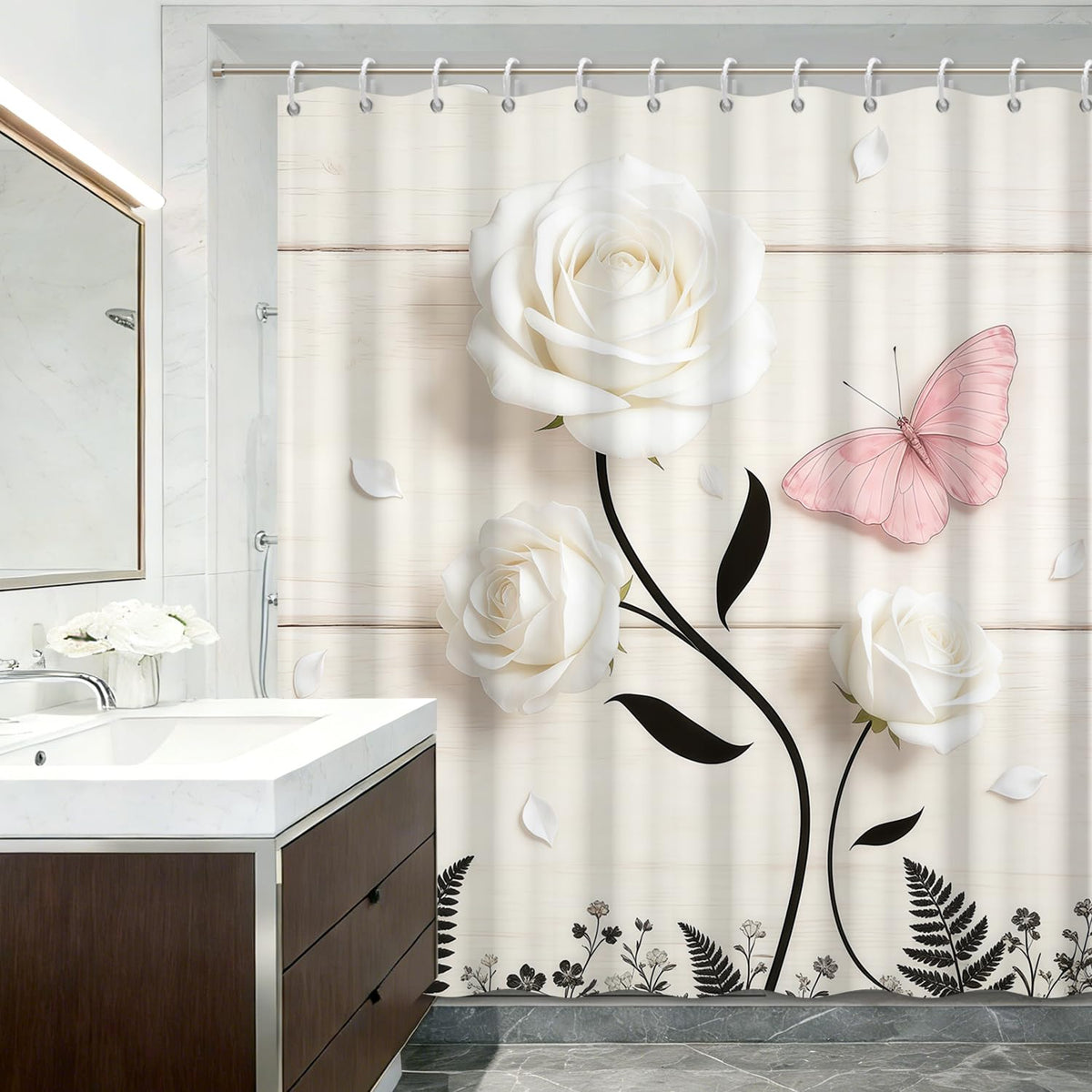 Floral Botanical Shower Curtain with Hooks (White Rose)