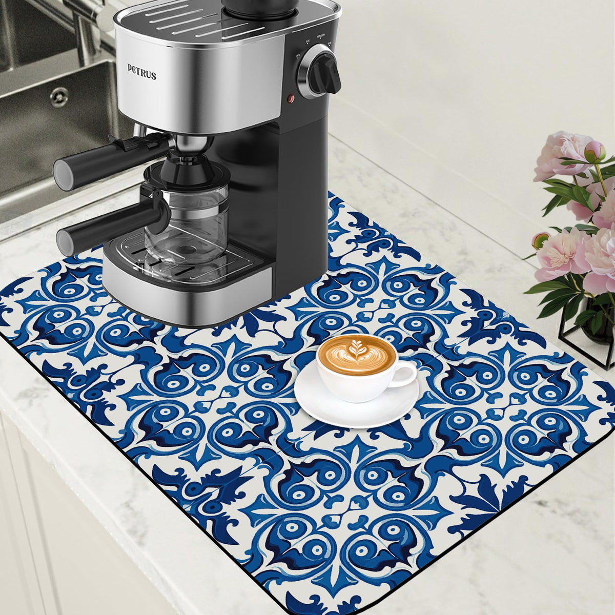 Dish Drying Mat Blue Portuguese Tiles Coffee Bar Mat for Countertop (15.7" x 23.6")
