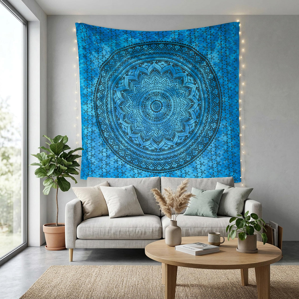 Hand Block Printed Cotton Mandala Wall Tapestry (Blue / 40"L x 30"W)