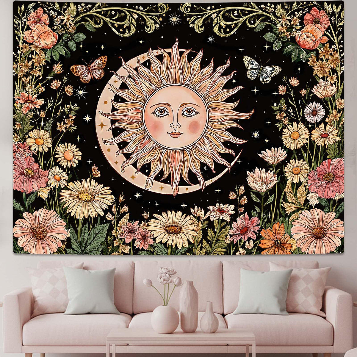 Boho Sun and Moon Vintage Daisy Floral Tapestry 80 x 60 Inch (Black Sun Daisy / 80"L x 60"W)