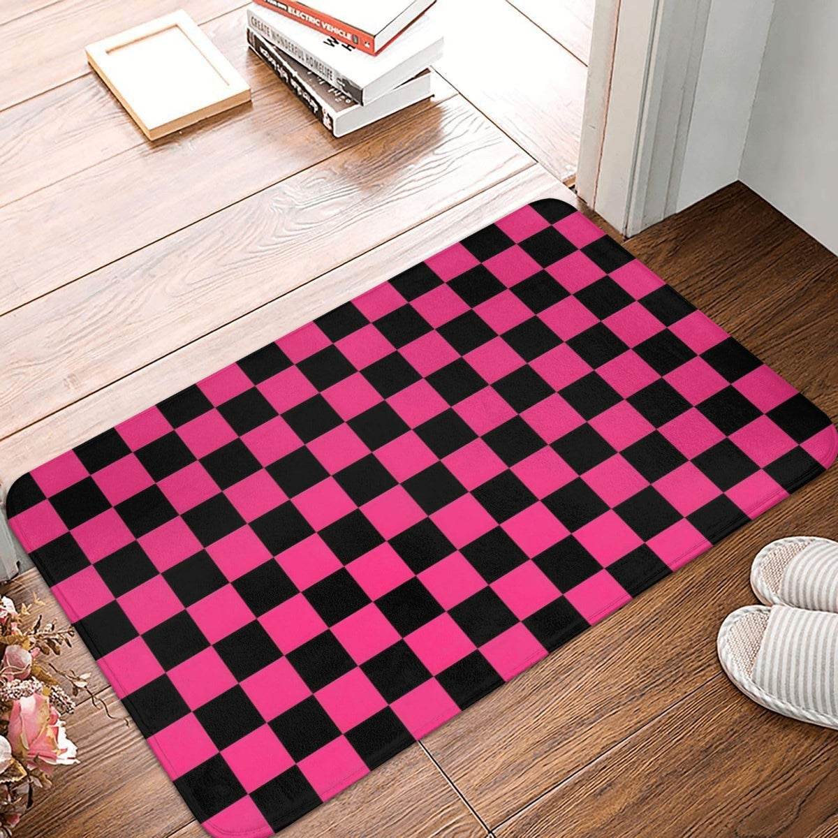 Pink Black Checkered Bath Mat Non (1'4" x 1'11" (Rectangular) / Pink Black Checkered)