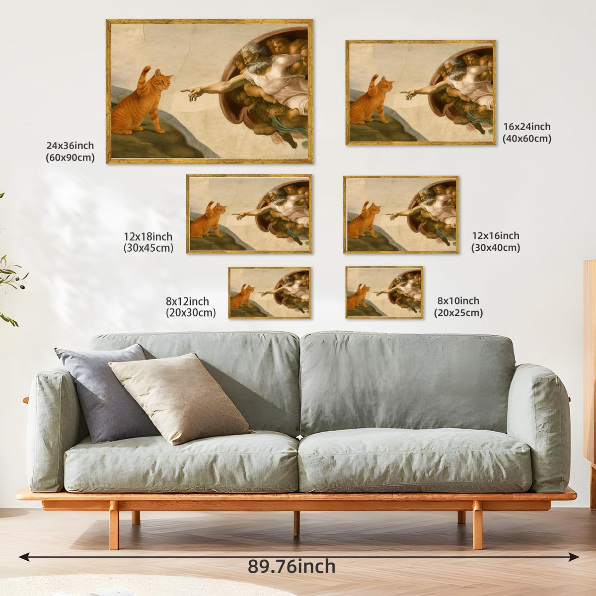 Gold Framed Funny Cat Creation of Adam Canvas Wall Art Classic Renaissance Parody Poster Painting Prints Humorous God and Animal Paw Picture Artwork for Home Bedroom Decor Pet Lover 8x12inch (8"L x 12"W / Cat - Gold Frame)