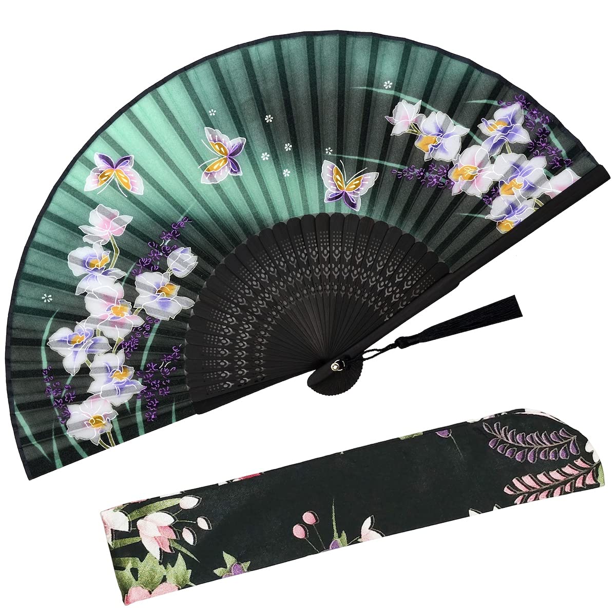 Folding Hand Fan for Women (Green Orchid)