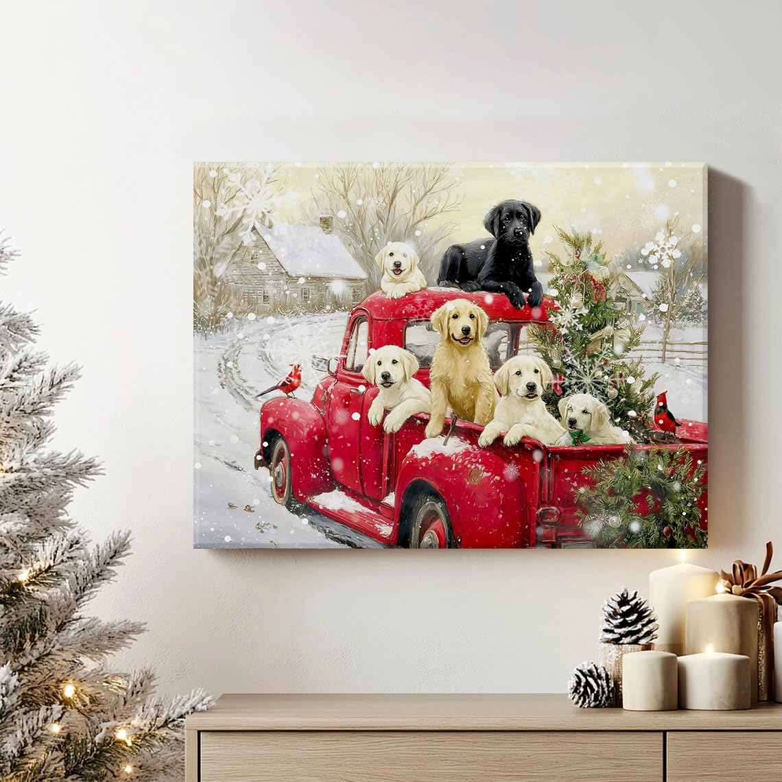 Christmas Wall Art for Living Room Red Pickup Truck Wall Decor Farmhouse Dogs Canvas Prints Christmas Tree Pictures Country Winter Snow Scenic Paintings Artwork Bedroom Kitchen Home Decorations 12x16" (16"L x 12"W / Xmas Puppy)