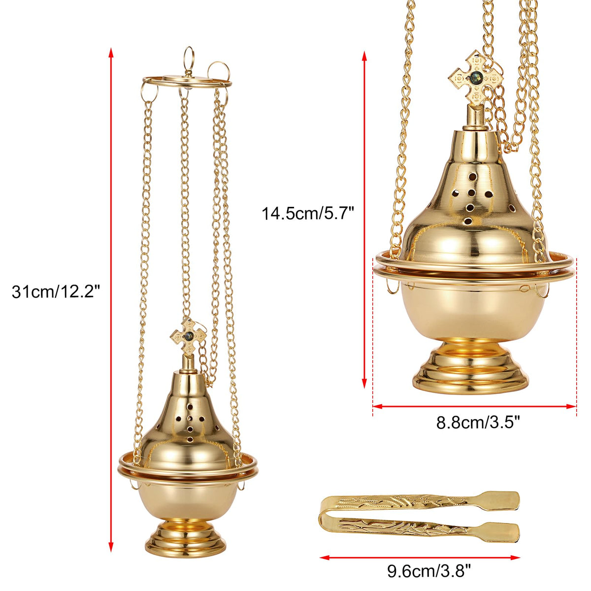 Vintage Hanging Charcoal Incense Resin Burner with Chain and Tongs (Gold)