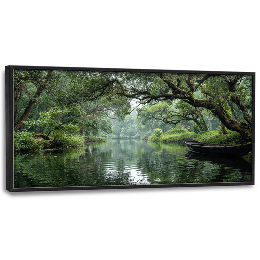 Large Framed Nature Forest Wall Art Lake Wooden Boat Decor 60"x30" (Lake / 60"L x 30"W)
