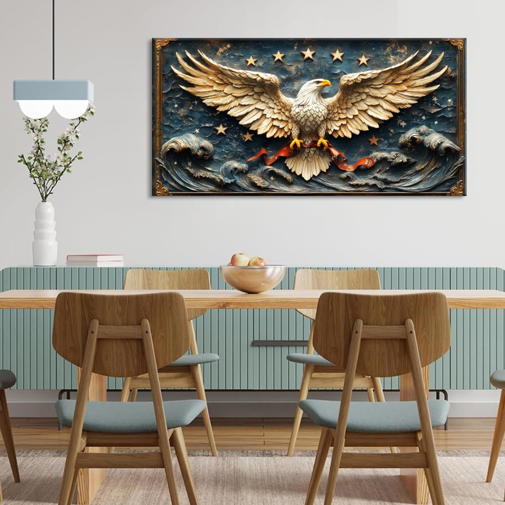 Gold Eagle Wall Art for Living Room Office Relief Sculpture Patriotic Symbol Baroque Ornamental Painting Prints Classic Canvas Artwork Dining Bedroom Decor Large (Baroque / Eagle Relief Sculpture Wall Art / 46L" x 23W")