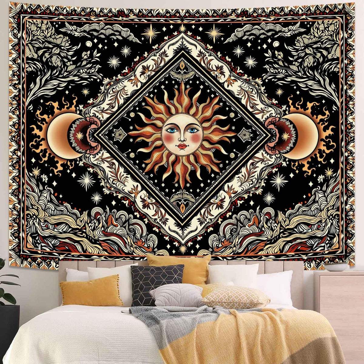 Celestial Sun & Moon Tapestry (Yellow Ivory / 90"L x 70"W)