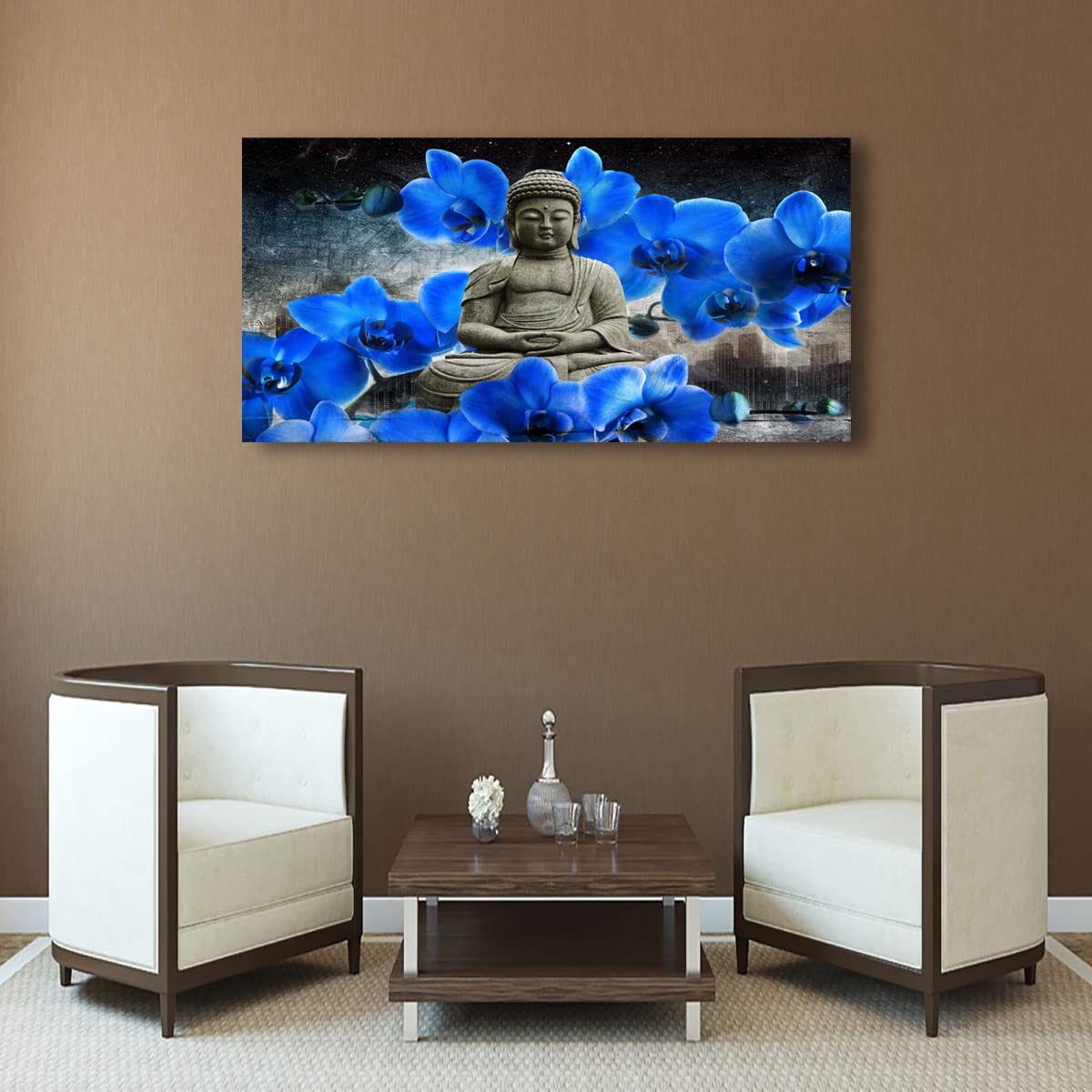 Buddha Pictures Wall Art Canvas Prints Home Decor Grey Zen Blue Flower Painting for Living Room Bedroom Bathroom Office Home Kitchen Decoration Asia Hindu Artwork 24x48 Wooden Frames Easy Hanging (48"L x 24"W / Grey Zen with Blue Flower)