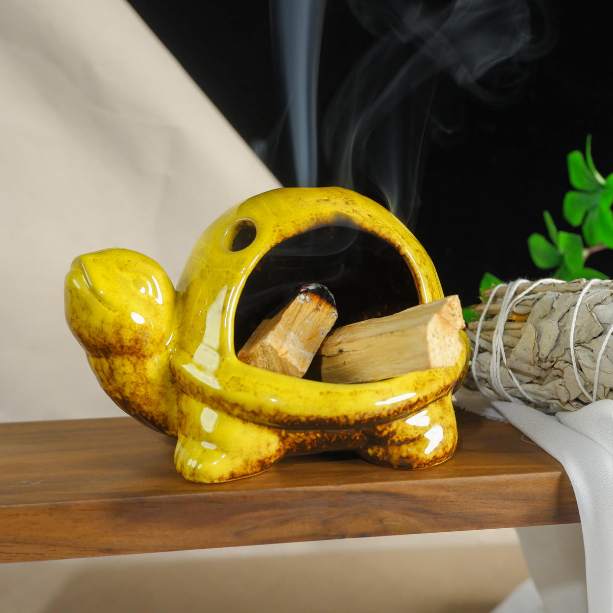 Yellow Ceramic Turtle Palo Santo Burner Holder Chiminea Incense (Turtle Palo Santo Holder-yellow)