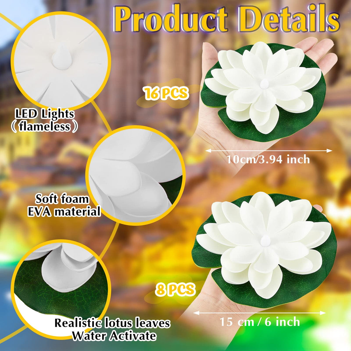 24 Pcs Diwali Floating Lotus Lights (White / 3.94, 5.91 Inch)