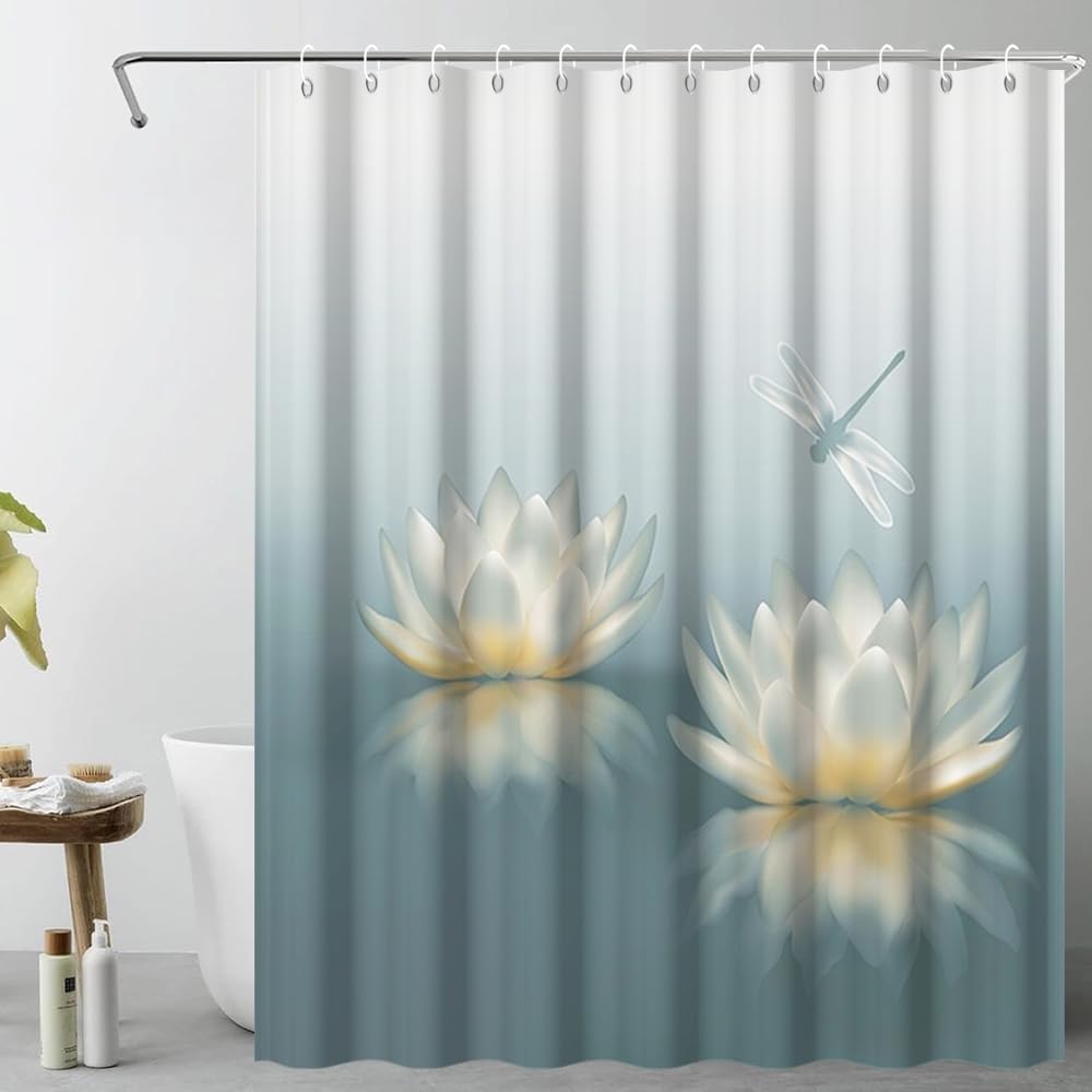 72x84inch Japanese Lotus Shower Curtains for Bathroom Waterlily Floral Blossom Dragonfly Gradient Bath Curtain for Asian Zen Spa Washroom Decoration Waterproof Polyester Fabric with Hooks (72"W x 84"L (Pack of 1) / Grey Blue)