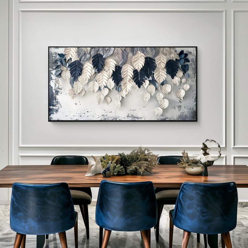 Botanical Leaf Wall Art White Blue Modern Framed Canvas Decor 20"x40" (40"L x 20"W / Leaf 01)