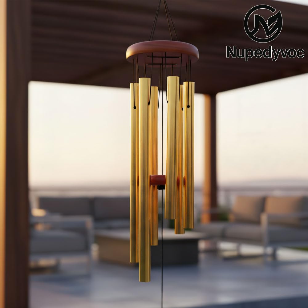 32” Large Golden Aluminum Wind Chimes with Brown Wooden Cap for Outside (Golden Aluminum Wind Chimes With Brown Wooden Cap)