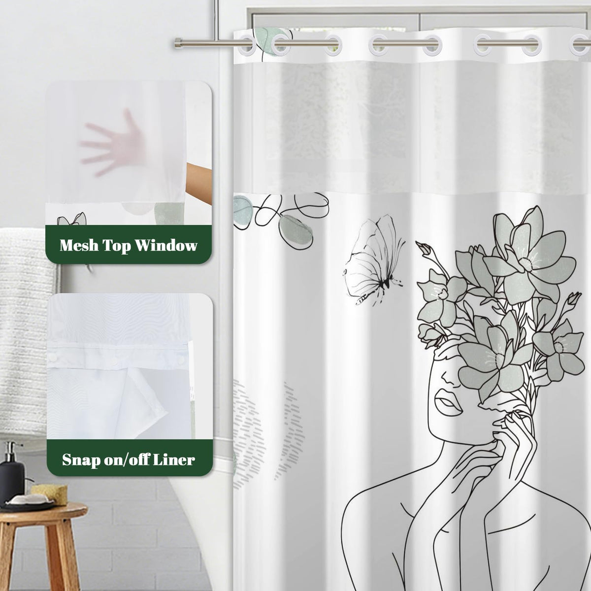 Minimalist Artistic No Hook Shower Curtain with Snap in Liner (Art-2)