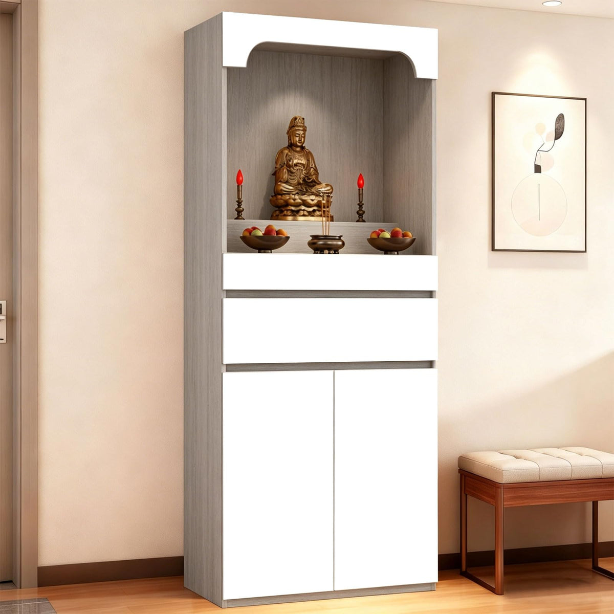 Altar Table Pooja Cabinet with Drawers and Storage Cabinets (31.5×15.7×65.4in / White + Light Gray Natural Wood)