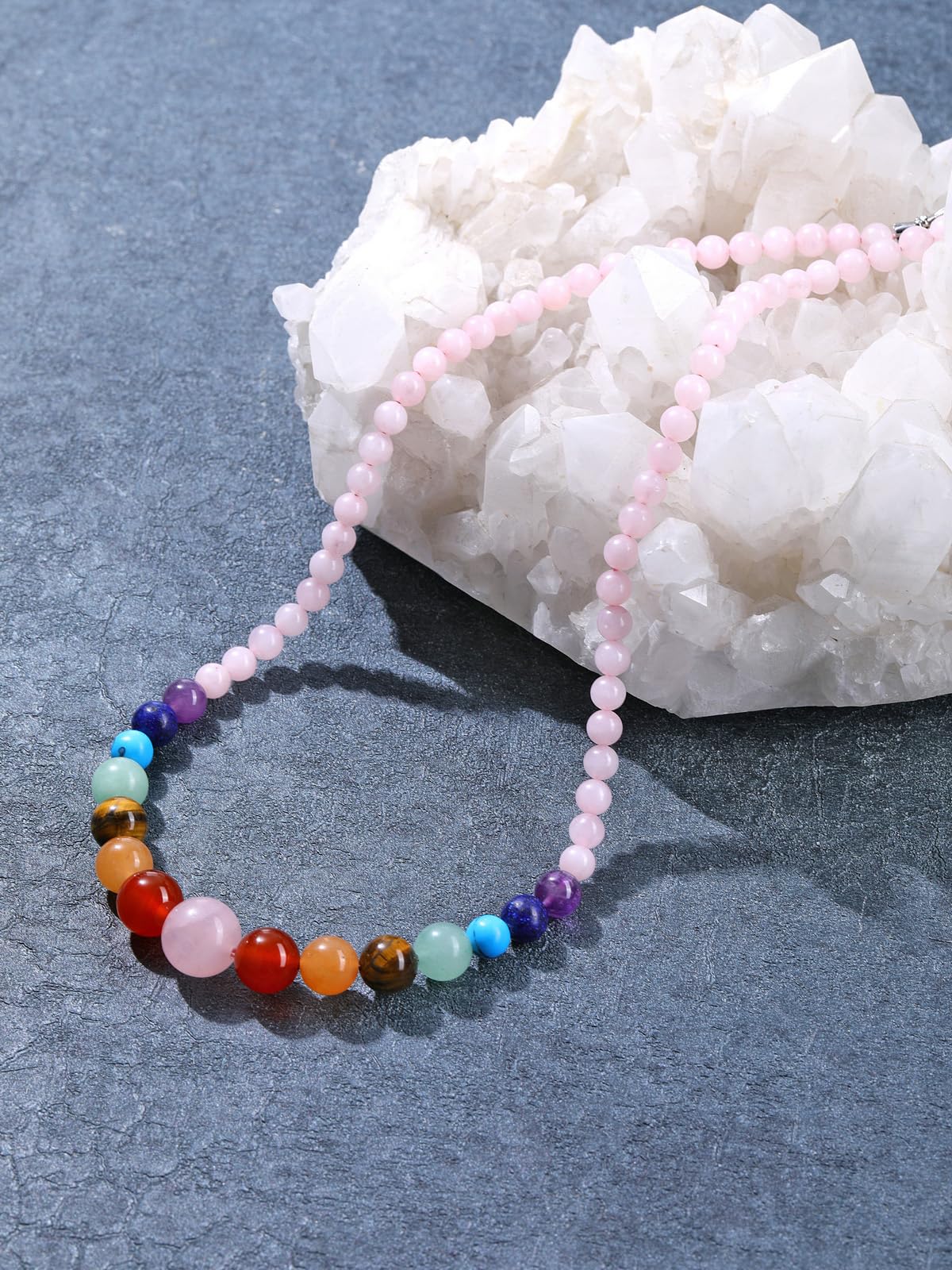 Natural 7 Chakra Gemstone Rose Quartz Necklace for Women (Rose Quartz Crystal)
