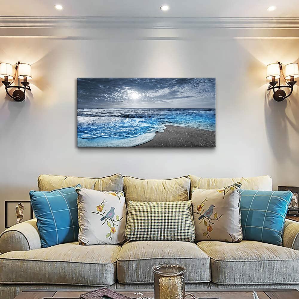 Canvas Wall Art for Bedroom Beach pictures for Living Room Wall Decor Blue Poster Ocean Decor Large Size Seascape Paintings Prints Office Artwork Framed Kitchen Decorations 24x48 (beach blue / 48"L x 24"W)