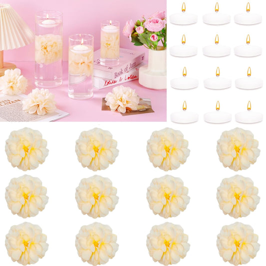 24 Pcs Floating Candles for Centerpieces and Floating Flowers for Centerpieces Champagne Artificial Flowers Vase Fillers for Wedding Table Party Home Decoration (Champagne)