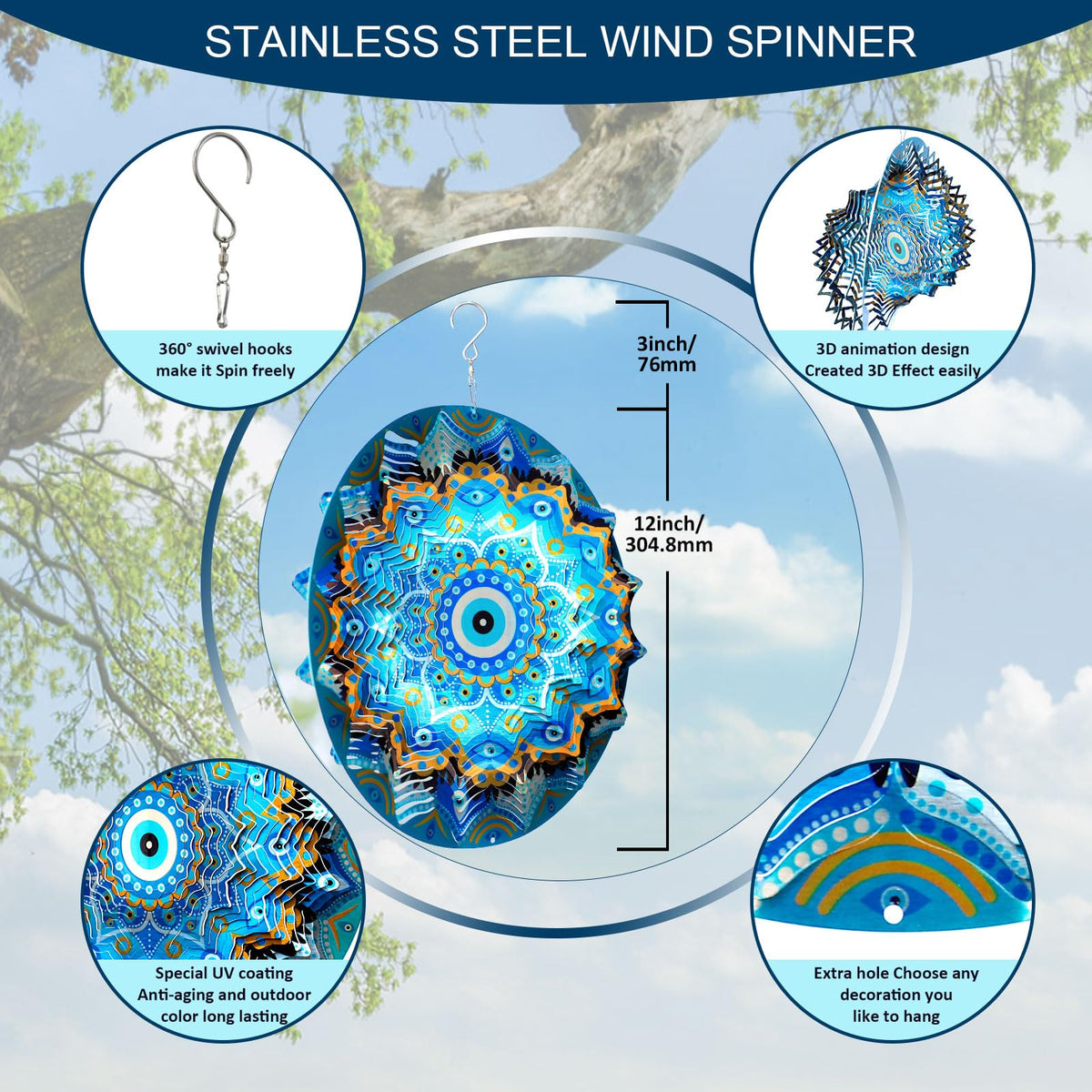 Wind Spinners Outdoor Mandala Peacock Evil Eye‌ (12in / 009-9blue)