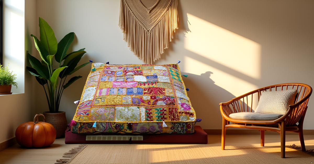 Handmade Square Yellow Patchwork Pouf Cover 35 Inch Ottoman Cover Embroidered Cotton Floor Cushion Cover Boho Indian Decorative Floor Pillow Meditation Cushion for Living Room Bedroom (35"D x 35"W x 5"H / Yellow)
