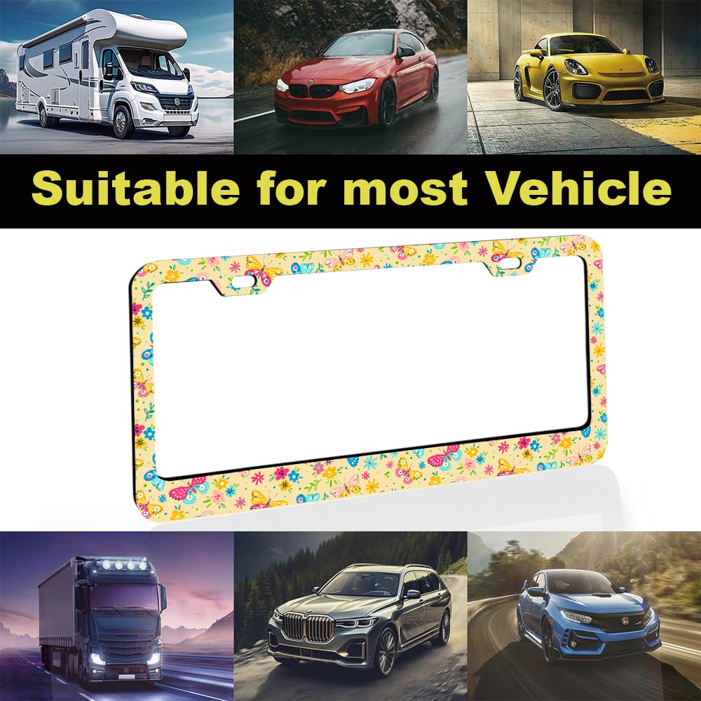Colorful Floral Butterfly License Plate Frame Women 2Pc Car Tag (for Butterfly-Flowers -2p)
