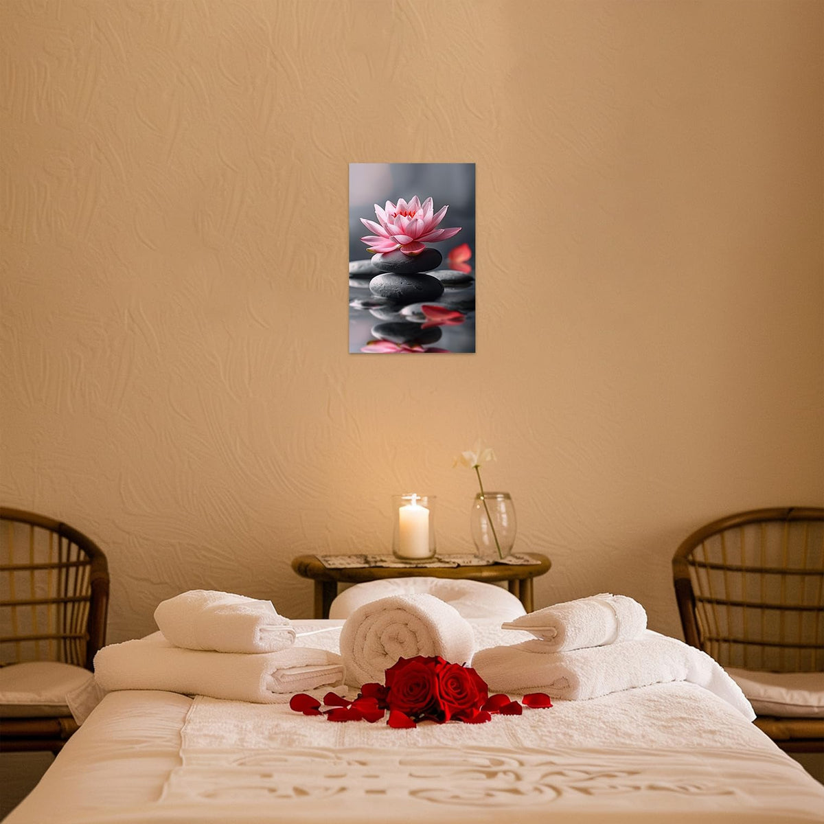 Pink Lotus Flower Picture Zen Flower Wall Art Spa Meditation Canvas Poster Spiritual Yoga Bathroom Print Wall Decor Framed (Black / 12"L x 18"W)
