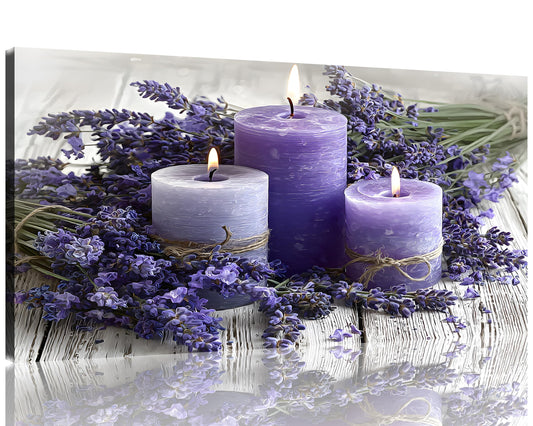 1 Panel Purple Wall Art Purple Wall Decor Lavender with Candle Canvas Picture for Bathroom Modern Flowers Pictures for Bedroom Kitchen Office Home Decor Ready to Hang 20x40 inches (40"L x 20"W / Purple Flower 15)