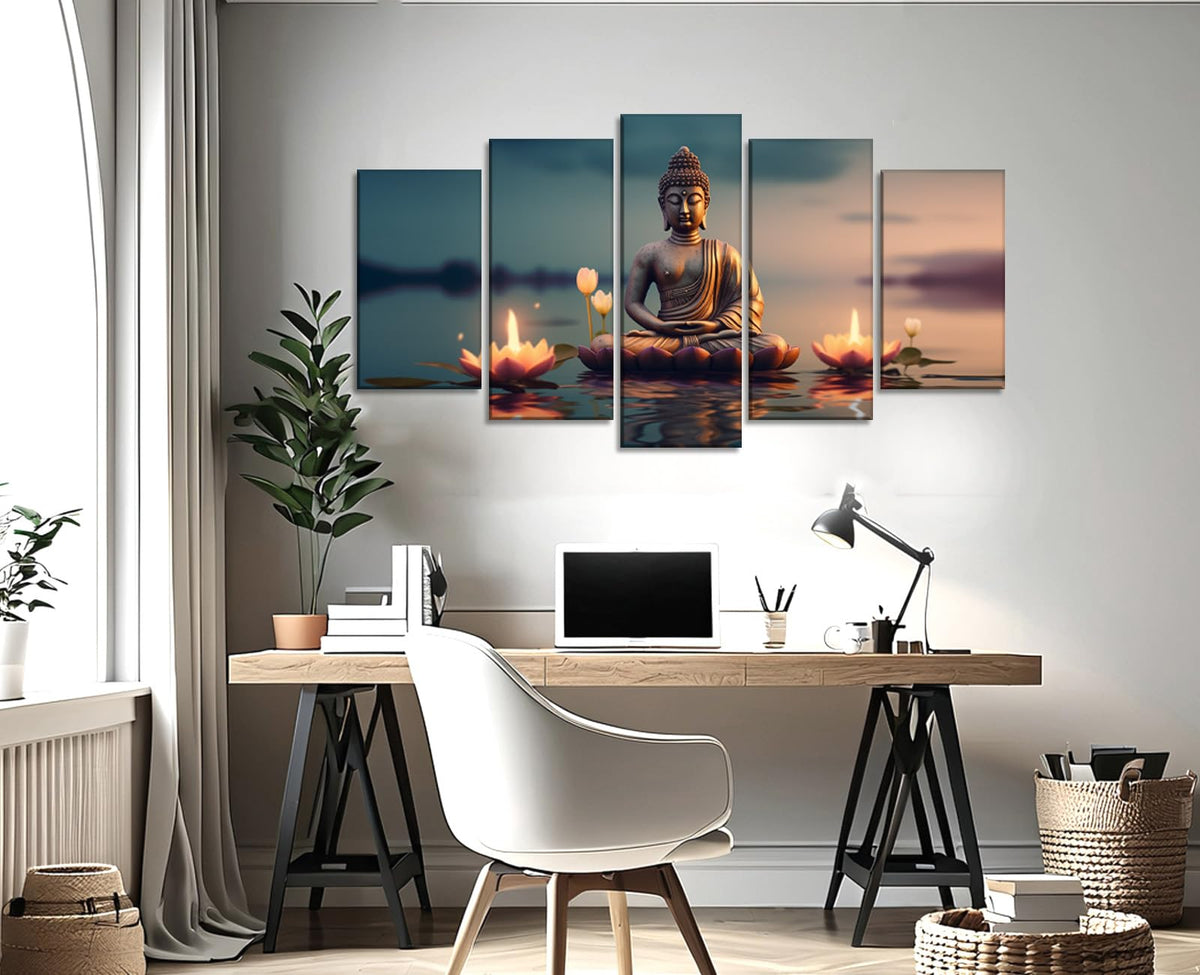 Buddha Wall Art 5 Piece Zen Wall Decor Canvas Prints Lotus on Water Picture Meditation Painting for Yoga Spa Spiritual Room Home Decor Framed (80x40 inch / Picture-6)