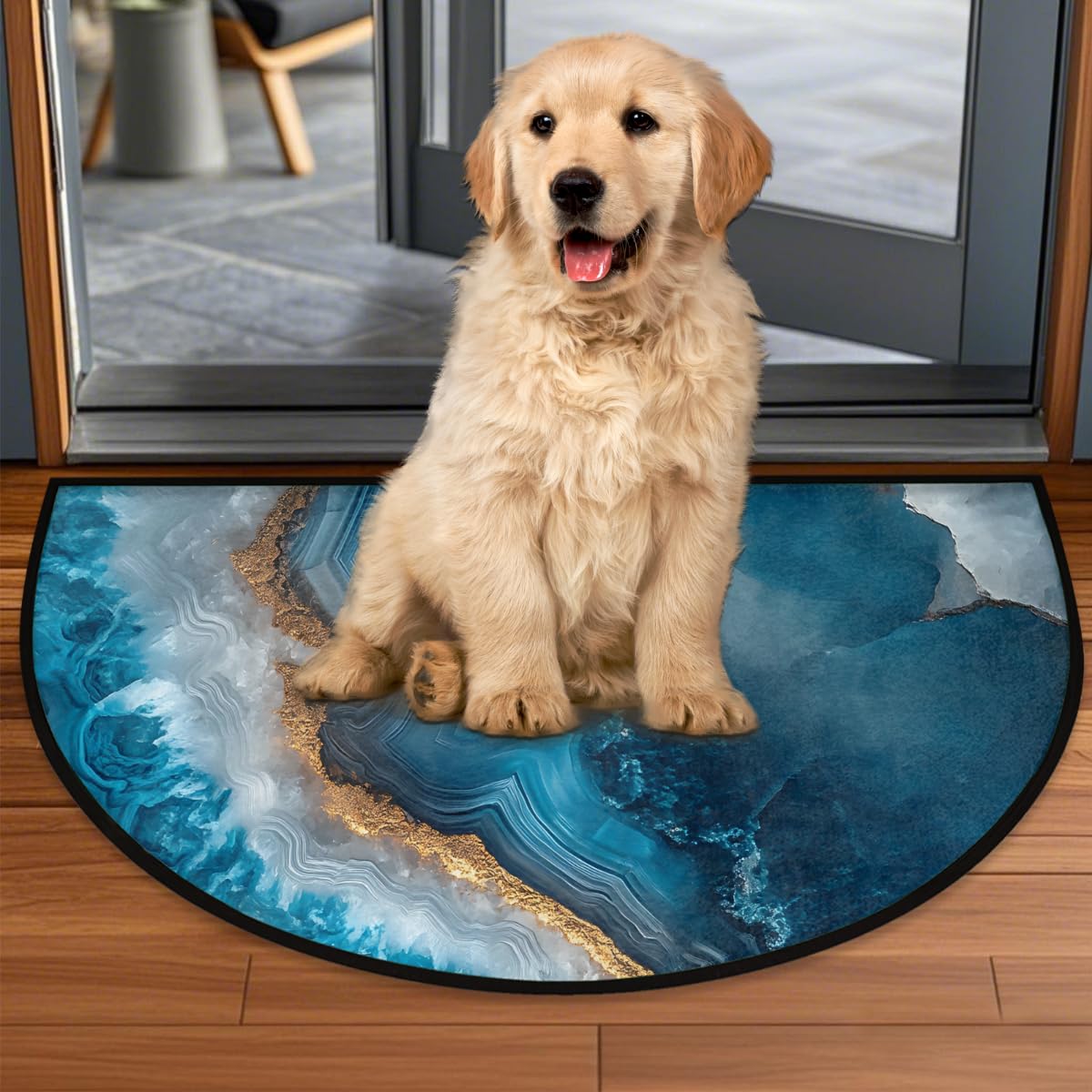 Modern Marble Blue Half Round Door Mat Half Moon Rug Washable Half Circle Area Rugs Indoor Entrance Non Slip Semi Circle Bathroom Rugs Floor Carpet for Kithen Bedroom Fireplace Decor (Color 10)