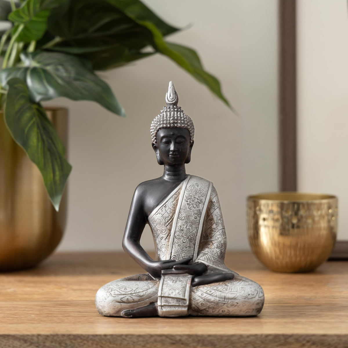 Polystone Buddha Decorative Sculpture Meditating Home Decor Statue with Engraved Carvings and Relief Detailing (SMALL SIZE / Black)