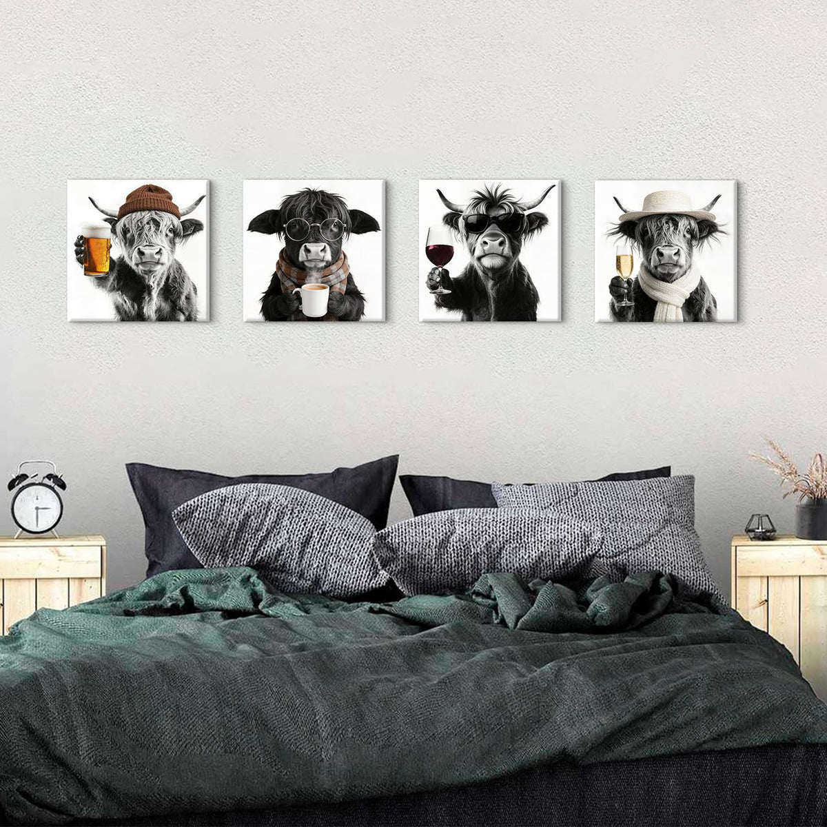 Funny Highland Cow Wall Art Cowboy Wall Decor Farmhouse Kitchen Decor Vintage Black and White Animals Pictures Canvas Prints Humor Cows Theme Paintings Posters Artwork Home Decorations 12x12” 4P (12"L x 12"W / Cow Drink)