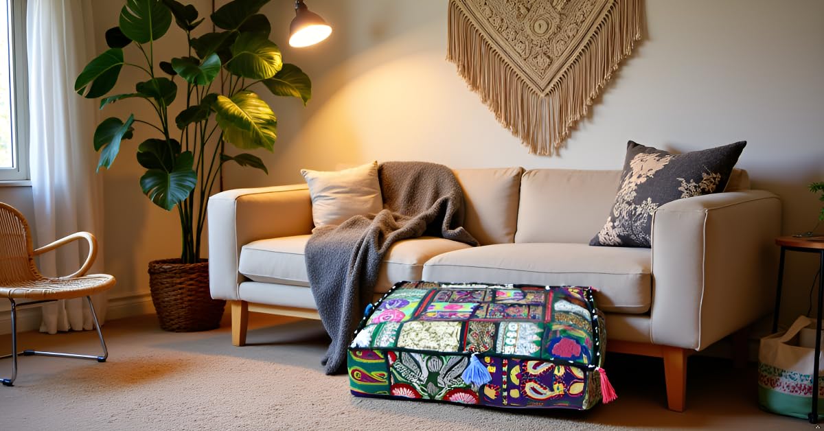CK Bohemian Patchwork Pouf Cover 18x18x5 Inches Handmade Embroidered Ottoman Cover Square Floor Cushion Cover Decorative Footstool Cover Vintage Cotton Pouf Case for Living Room Bedroom (18"D x 18"W x 5"H / Light Green)