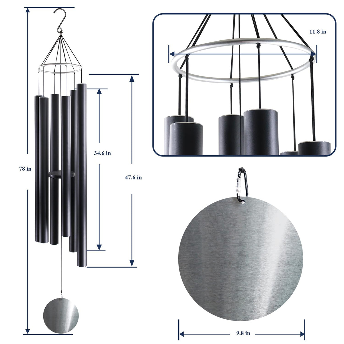 78 Inch Wind Chimes for Outside with 6 Tubes Tuned Relaxing Melody (78”-Black)