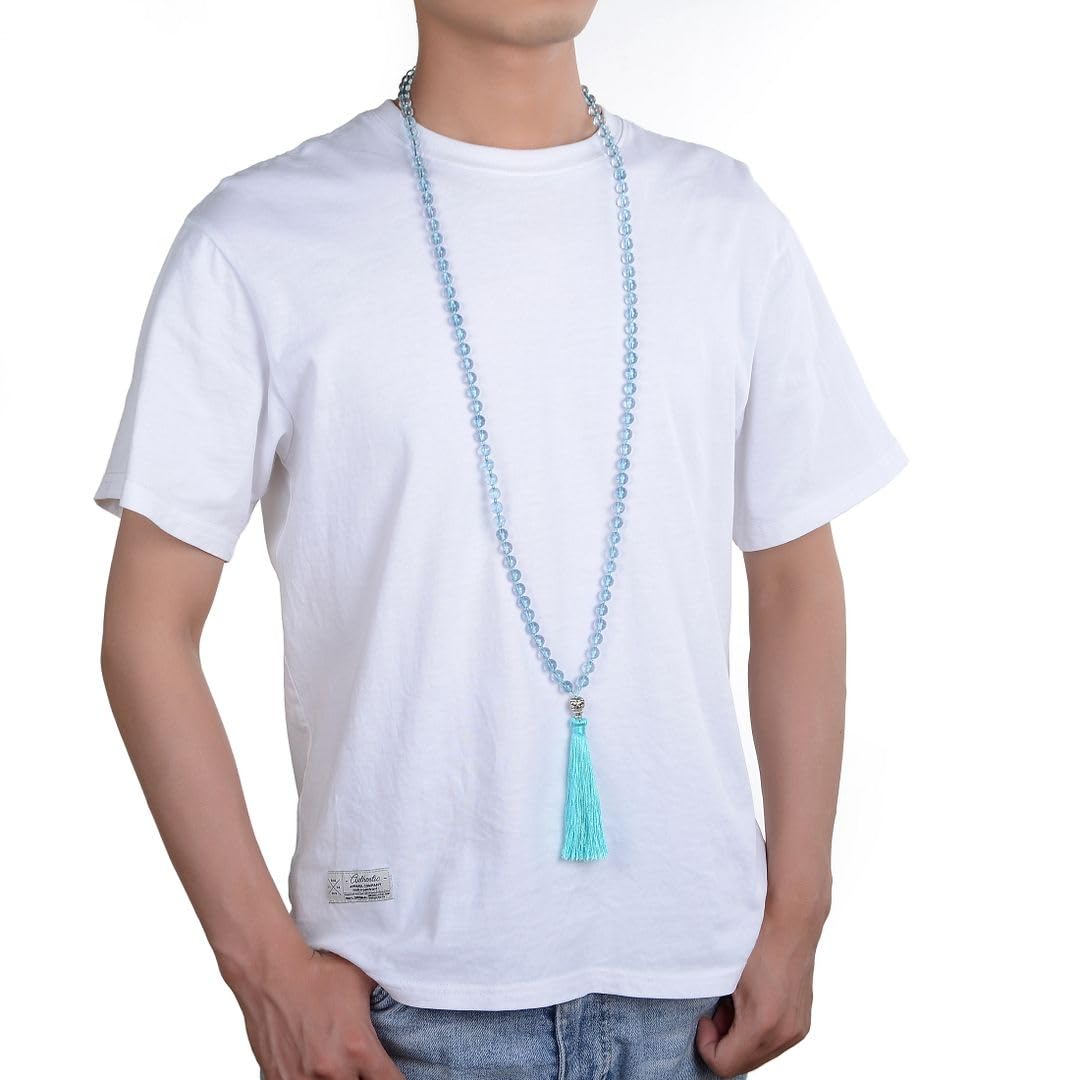 Real 108 Mala Beads 8mm Light Blue Topaz Stone Beaded Necklace (Light Blue Topaz)