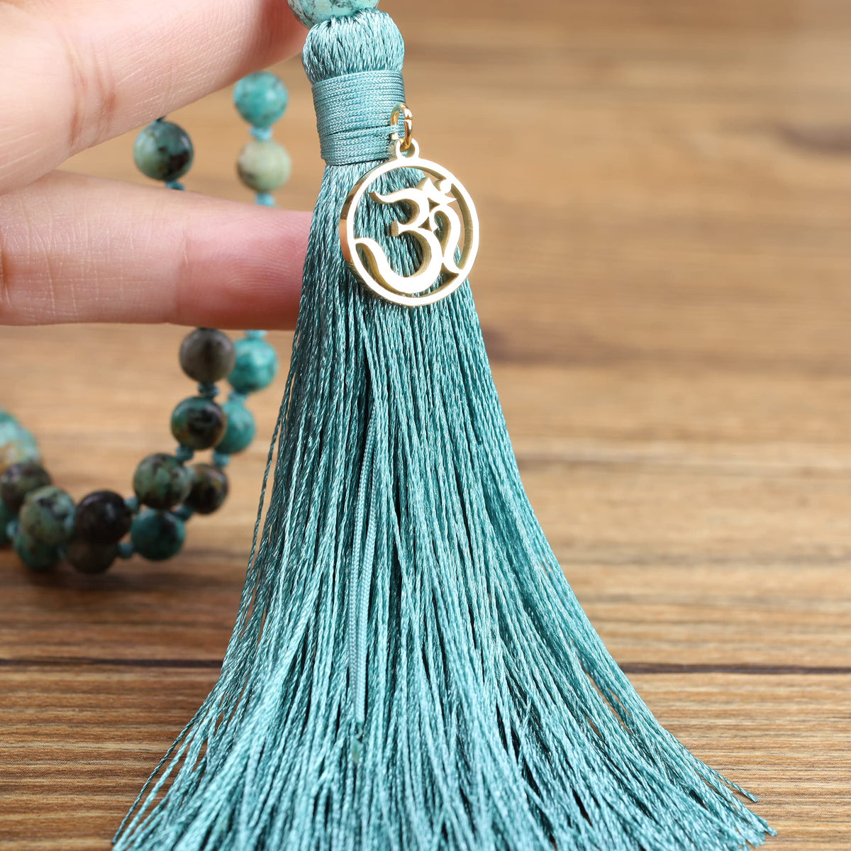 OM Charm Hand Knotted Tassel 108 Mala Beads African Turquoise Stone Beaded Necklace 8mm (8mm / Faceted African Turquoise)