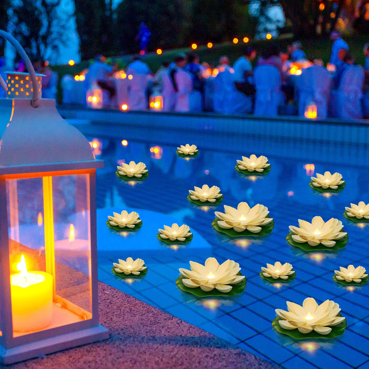 24 Pcs Diwali Floating Lotus Lights (White / 3.94, 5.91 Inch)