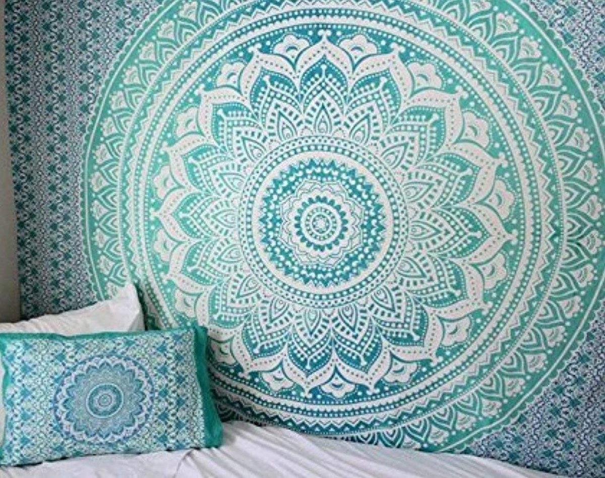 Indian Small Mandala Tapestry for Bedroom and Living Room Boho Wall Hanging Cotton Tapestries (Sea Green / 60"L x 50"W)