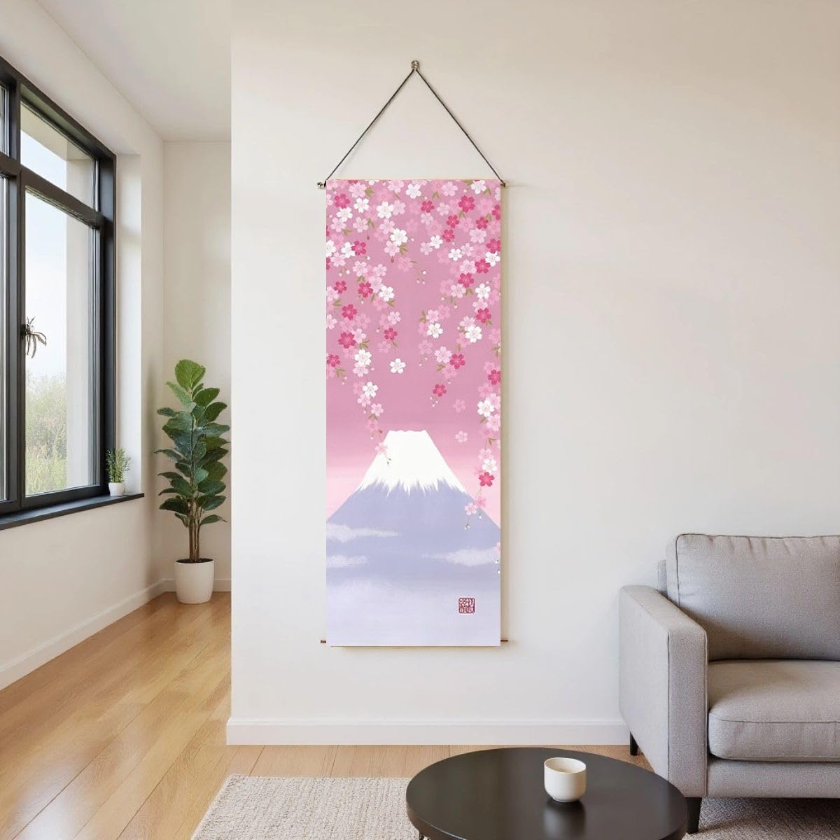 Pink Cherry blossom and Mount Fuji Japanese Scroll Wall Art (Pink Cherry blossom and Mount Fuji)