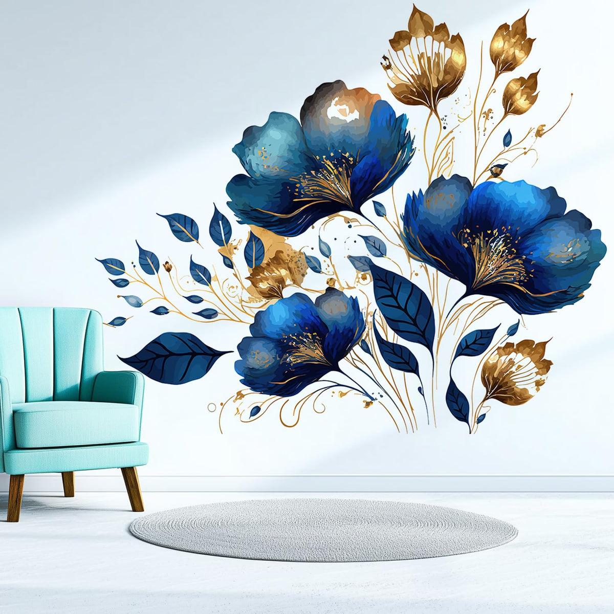 Blue Gold Floral Wall Decals (Modern, Contemporary, Glam, Bohemian, Floral)
