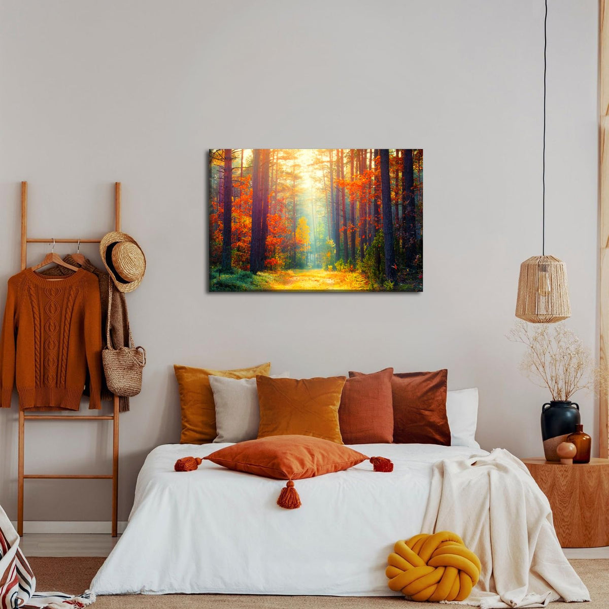Large Fall Forest Wall Art Autumn Landscape Wall Decor for Living Room Bedroom Orange Maple Leaves Pictures Nature Scenery Canvas Prints Sunrise Tree Paintings Artwork Kitchen Home Decorations 24x36" (36"L x 24"W / Fall Forest)
