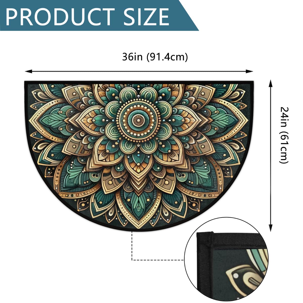 Mandala Ethnic Flower Half Round Door Mat Half Moon Rug Washable Half Circle Area Rugs Indoor Entrance Non Slip Semi Circle Bathroom Rugs Floor Carpet for Kithen Bedroom Fireplace Decor (Color 11)