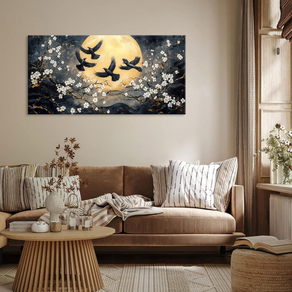 Black Art Crows and Cherry Blossoms Wall Art for Living Room Office Symbolism Traditional Ink Painting Prints Oriental Canvas Artwork Dining Bedroom Decor Extra Large (Abstract / Black Gold Crows Cherry Blossoms Wall Art / 58"L x 28"W)