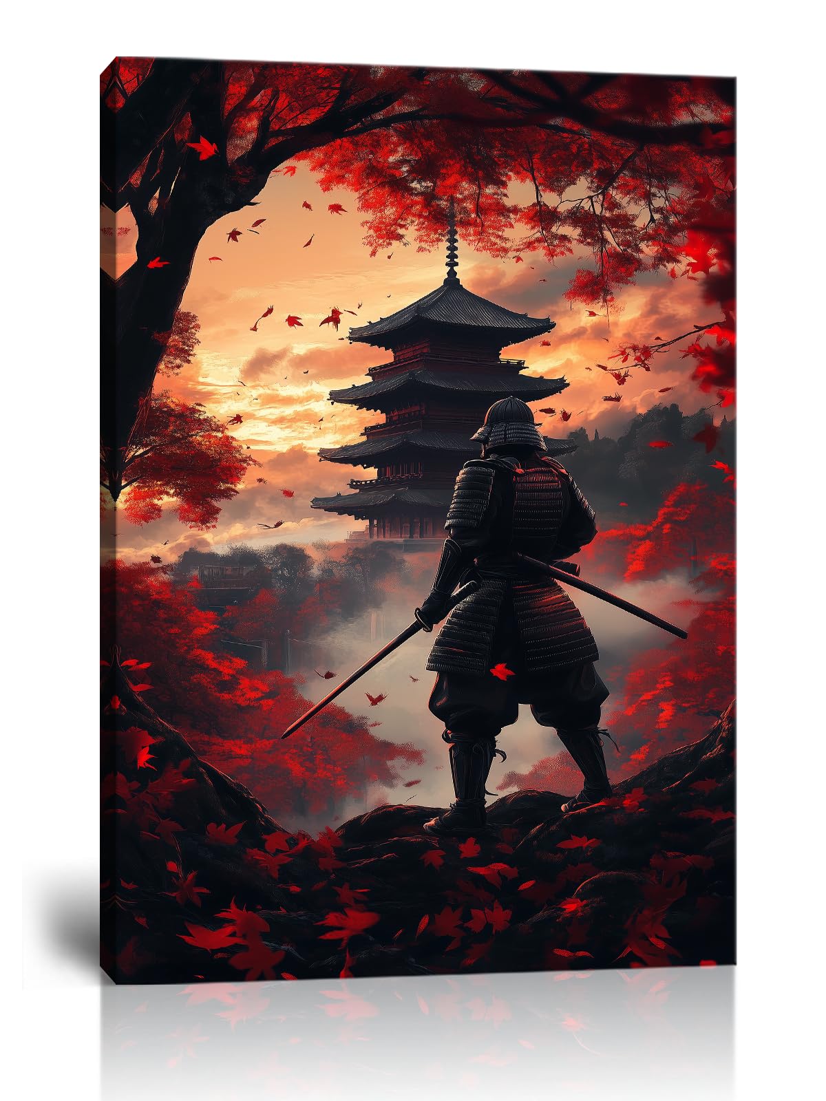 Sunset Maple Armored Samurai & Pagoda Canvas Wall Art (12"L x 16"W / Samurai12)
