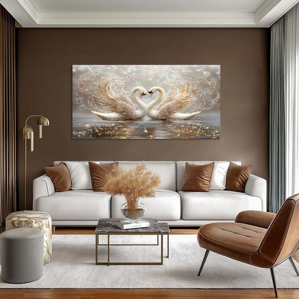 Romantic Swan Canvas Wall Art Gold Glitter Pearl Animal Painting Print Gallery Wrapped Luxury Heart Swan Artwork for Living Room Bedroom Bathroom Decor (Mysterious / White Swans Love 3 / 58"L x 28"W)