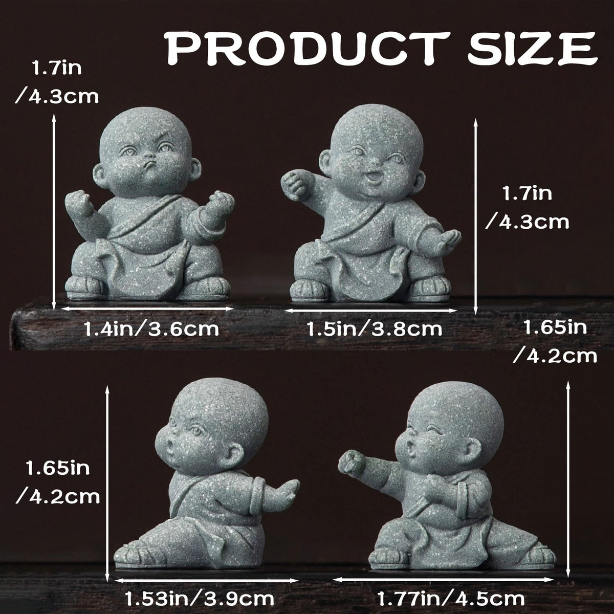 4 PCS Cute Kung Fu Zen Monk Praying Statue (4pcs Grey)